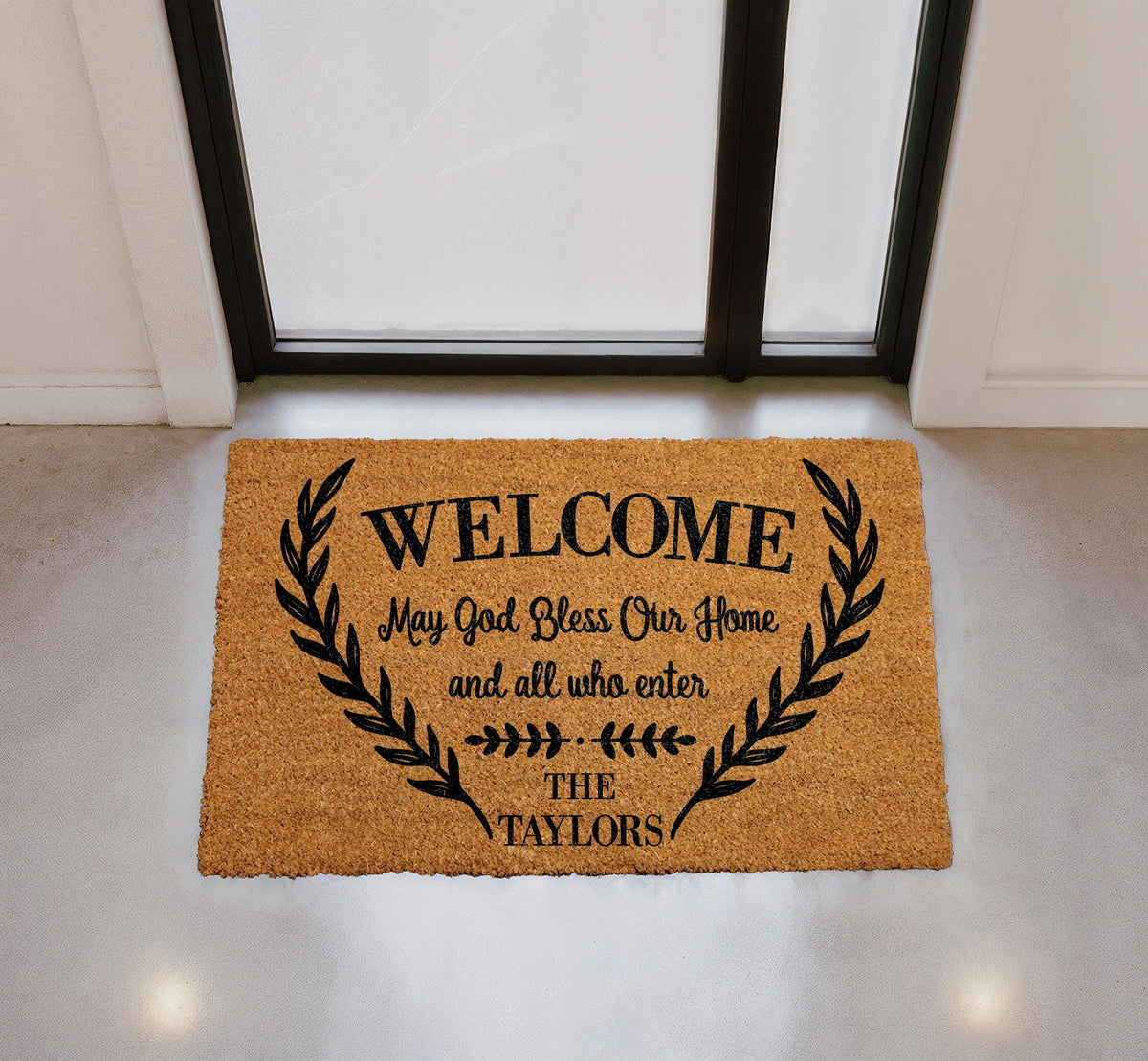 Personalized Family Name Doormat, Christian Welcome Mat, Natural Coir Entryway Rug