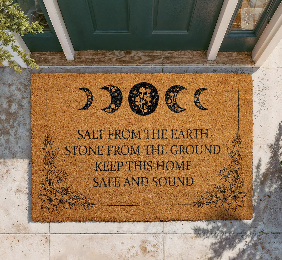 Celestial Moon Phases Doormat, Witchy Protection Welcome Mat, Natural Coir Entryway Rug