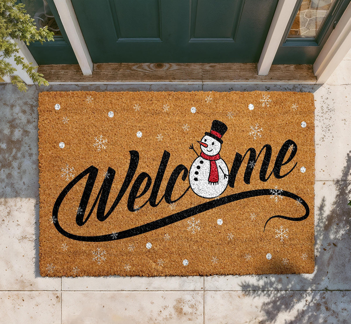 Snowman Welcome Doormat, Winter Holiday Coir Mat, Festive Outdoor Entryway Rug