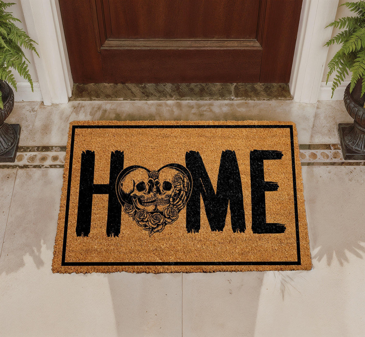 Personalized Gothic Skull Heart Doormat, Romantic Couple Welcome Mat (Coir)