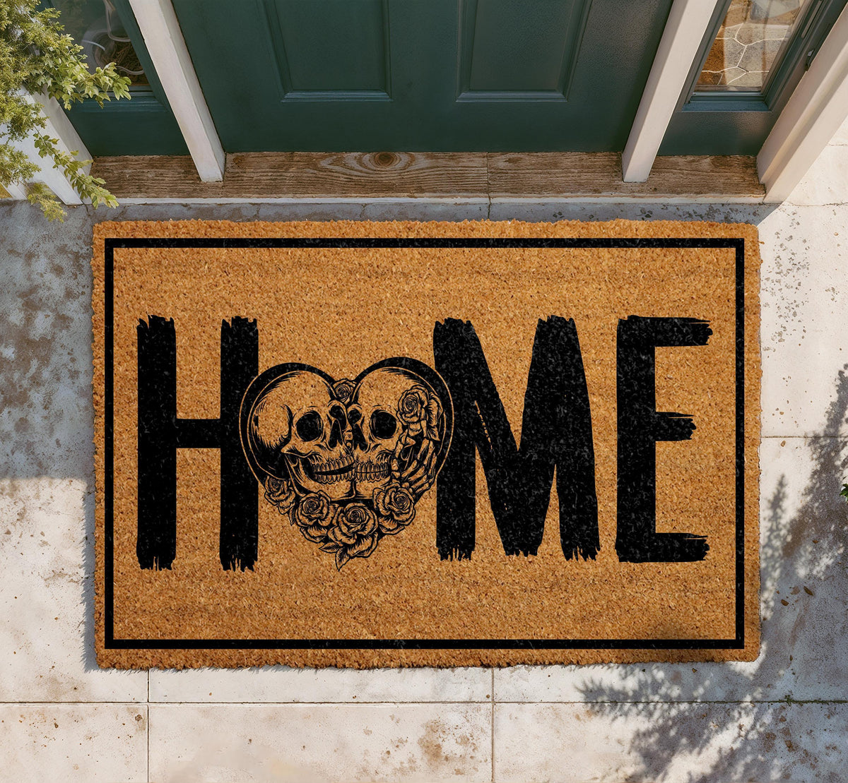Personalized Gothic Skull Heart Doormat, Romantic Couple Welcome Mat (Coir)