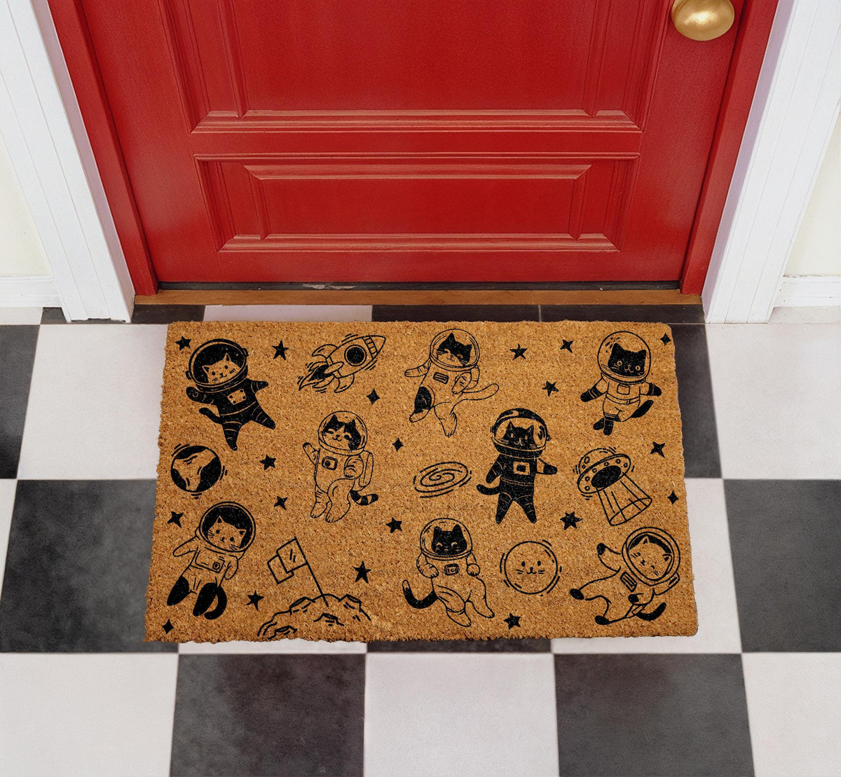 Astronaut Cat Doormat, Cosmic Kitty Welcome Mat, Space Porch Decor Rug