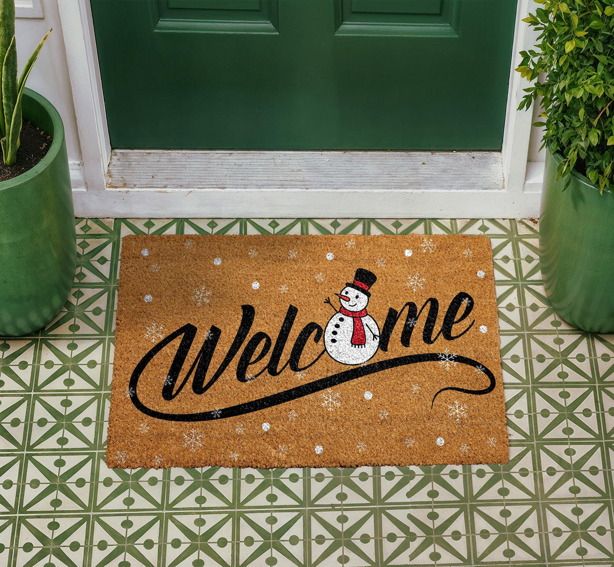 Snowman Welcome Doormat, Winter Holiday Coir Mat, Festive Outdoor Entryway Rug