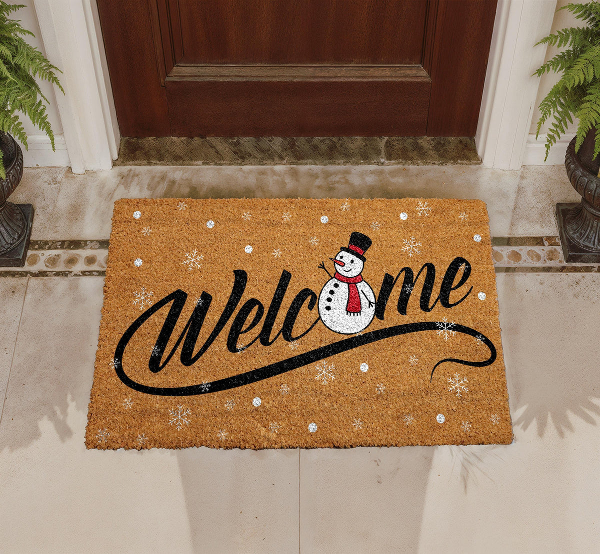Snowman Welcome Doormat, Winter Holiday Coir Mat, Festive Outdoor Entryway Rug