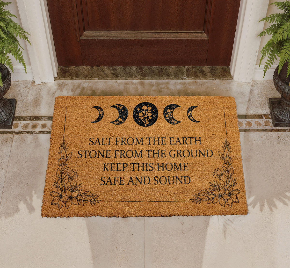 Celestial Moon Phases Doormat, Witchy Protection Welcome Mat, Natural Coir Entryway Rug
