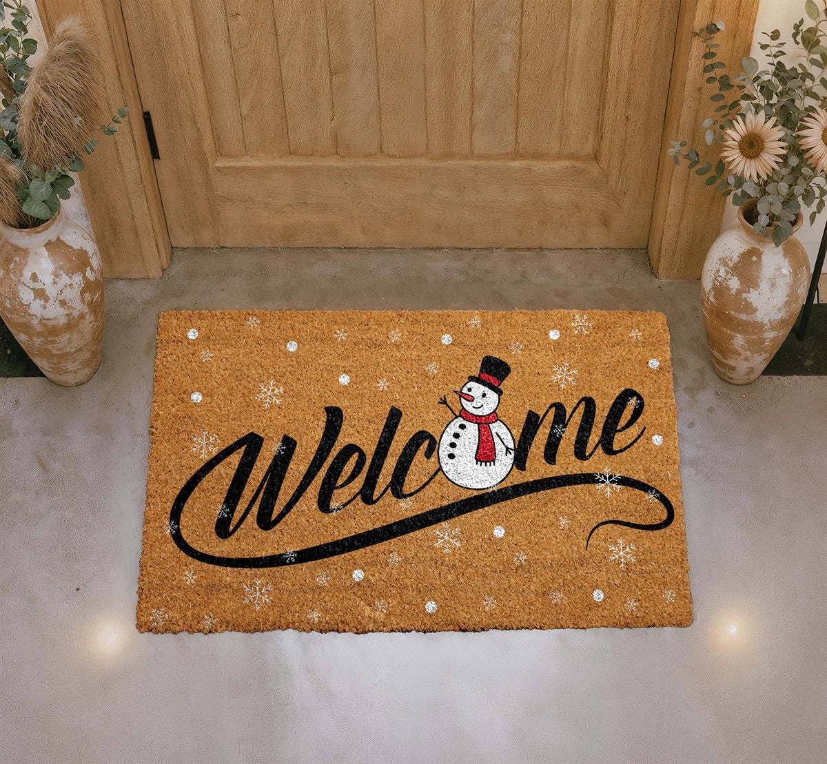 Snowman Welcome Doormat, Winter Holiday Coir Mat, Festive Outdoor Entryway Rug