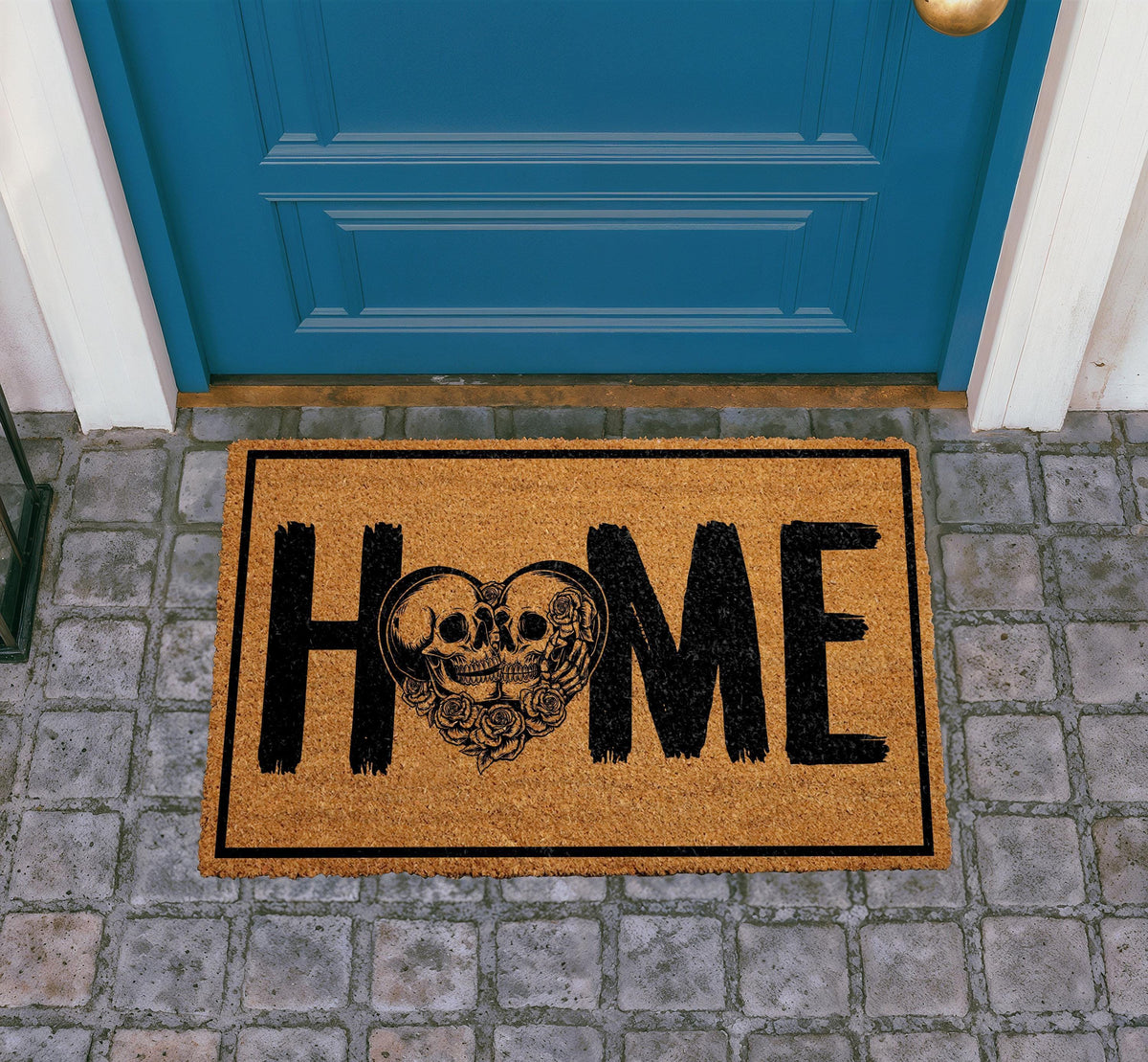 Personalized Gothic Skull Heart Doormat, Romantic Couple Welcome Mat (Coir)