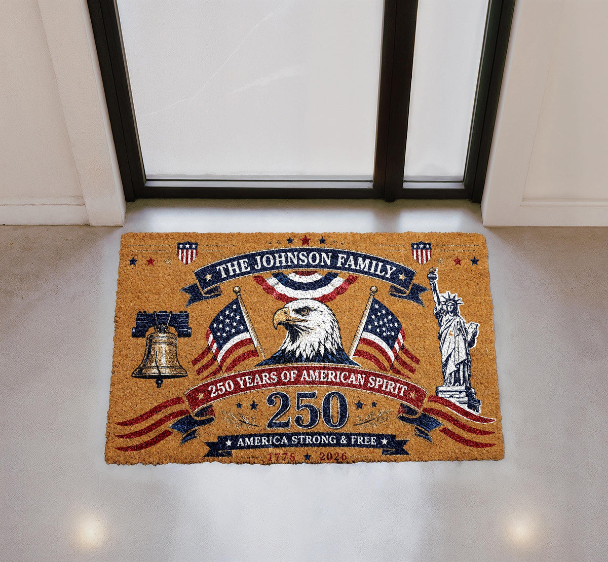 Custom Family Doormat, Patriotic 250 Years American Spirit Welcome Rug