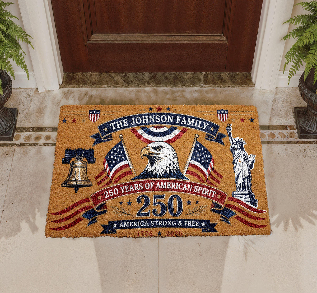 Custom Family Doormat, Patriotic 250 Years American Spirit Welcome Rug