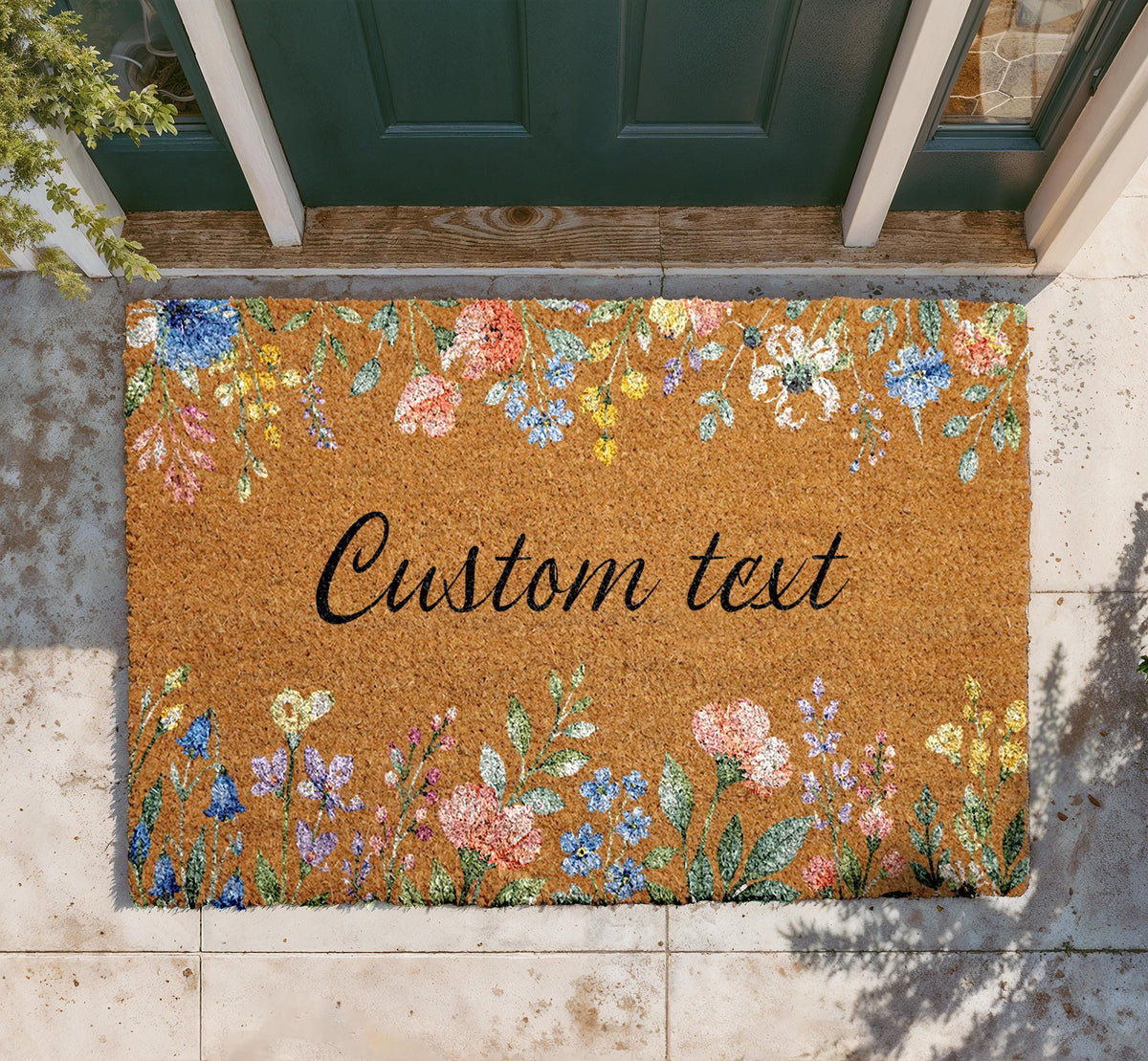 Personalized Floral Coir Doormat, Custom Boho Welcome Mat