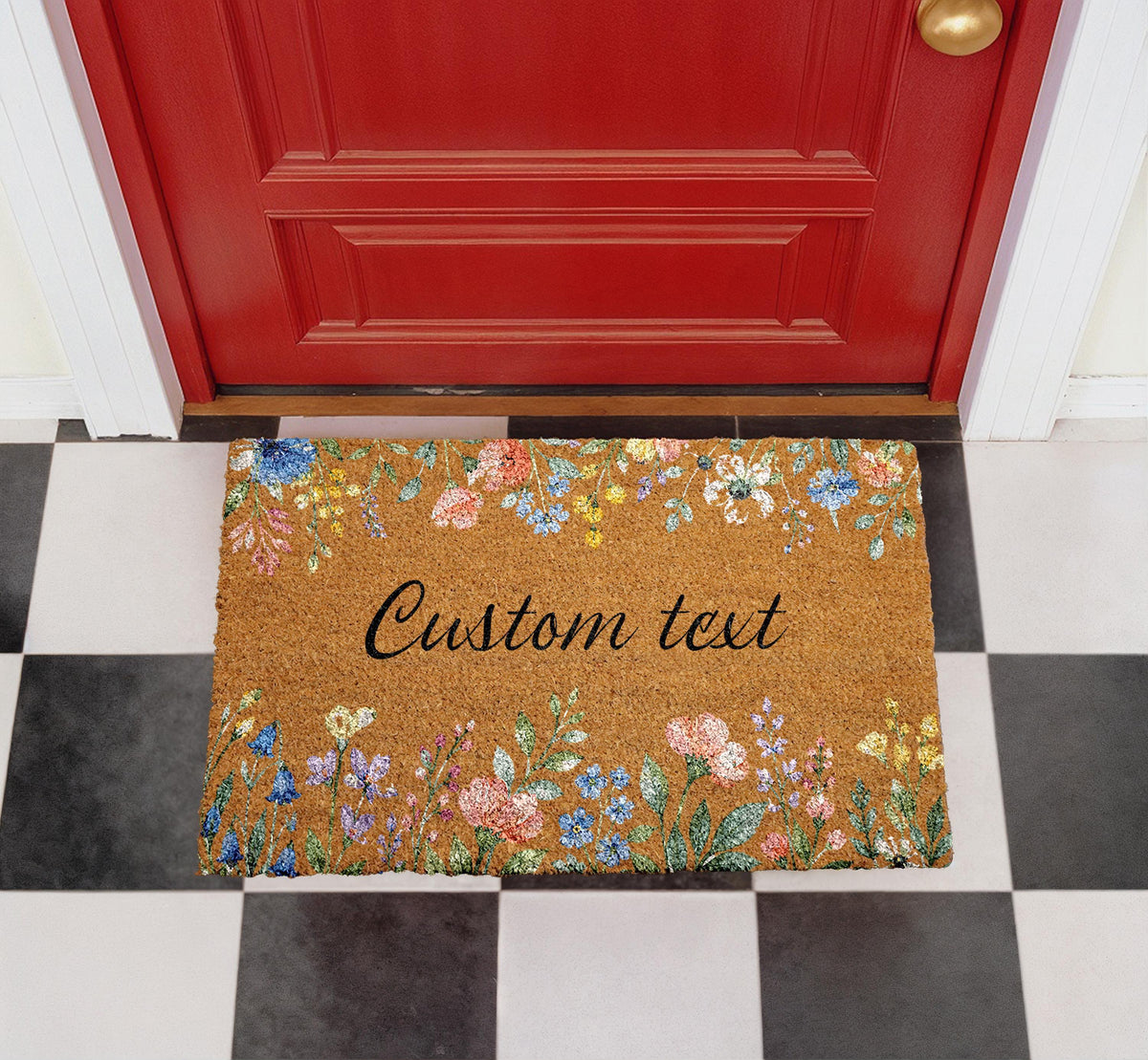 Personalized Floral Coir Doormat, Custom Boho Welcome Mat