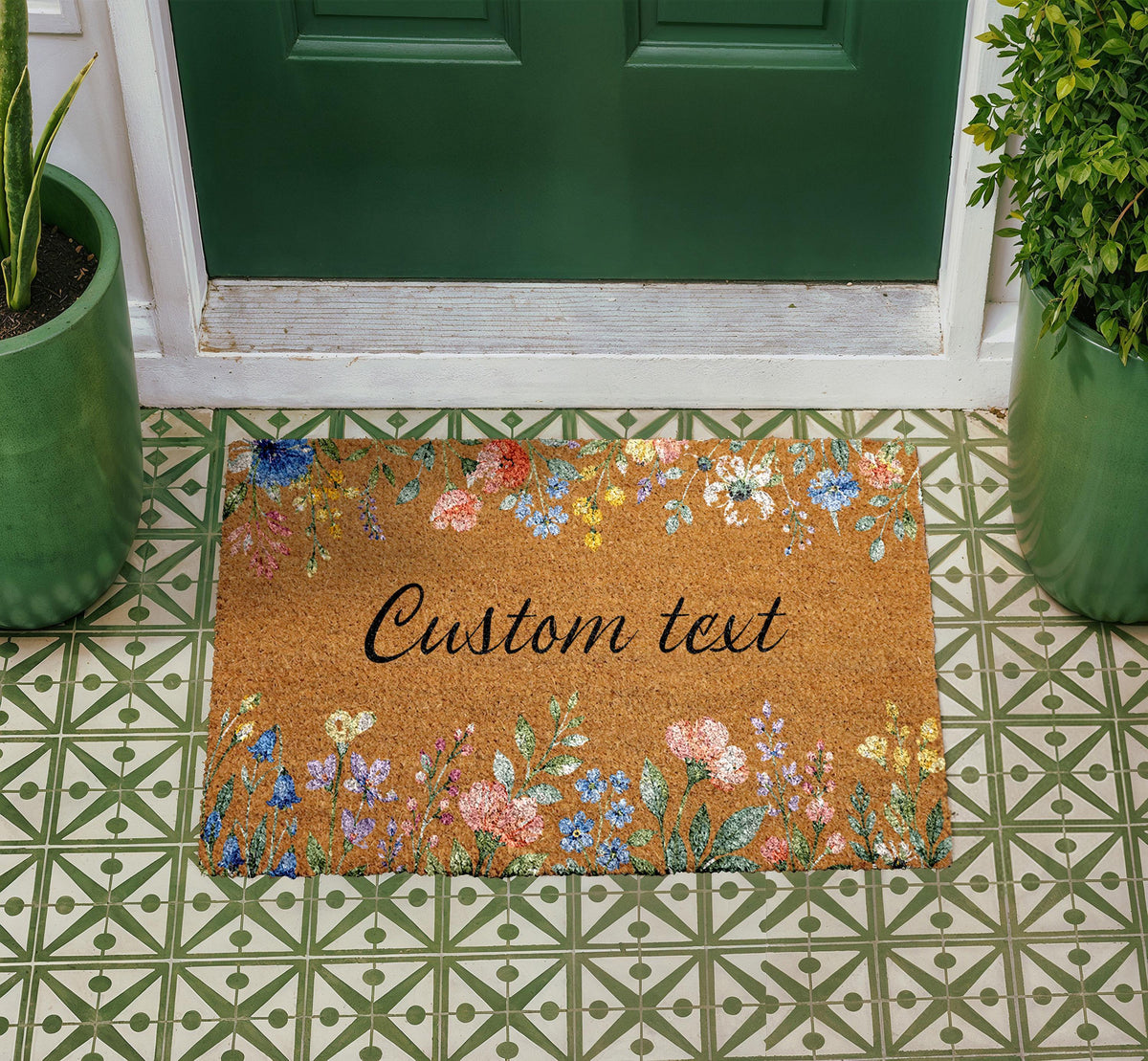 Personalized Floral Coir Doormat, Custom Boho Welcome Mat