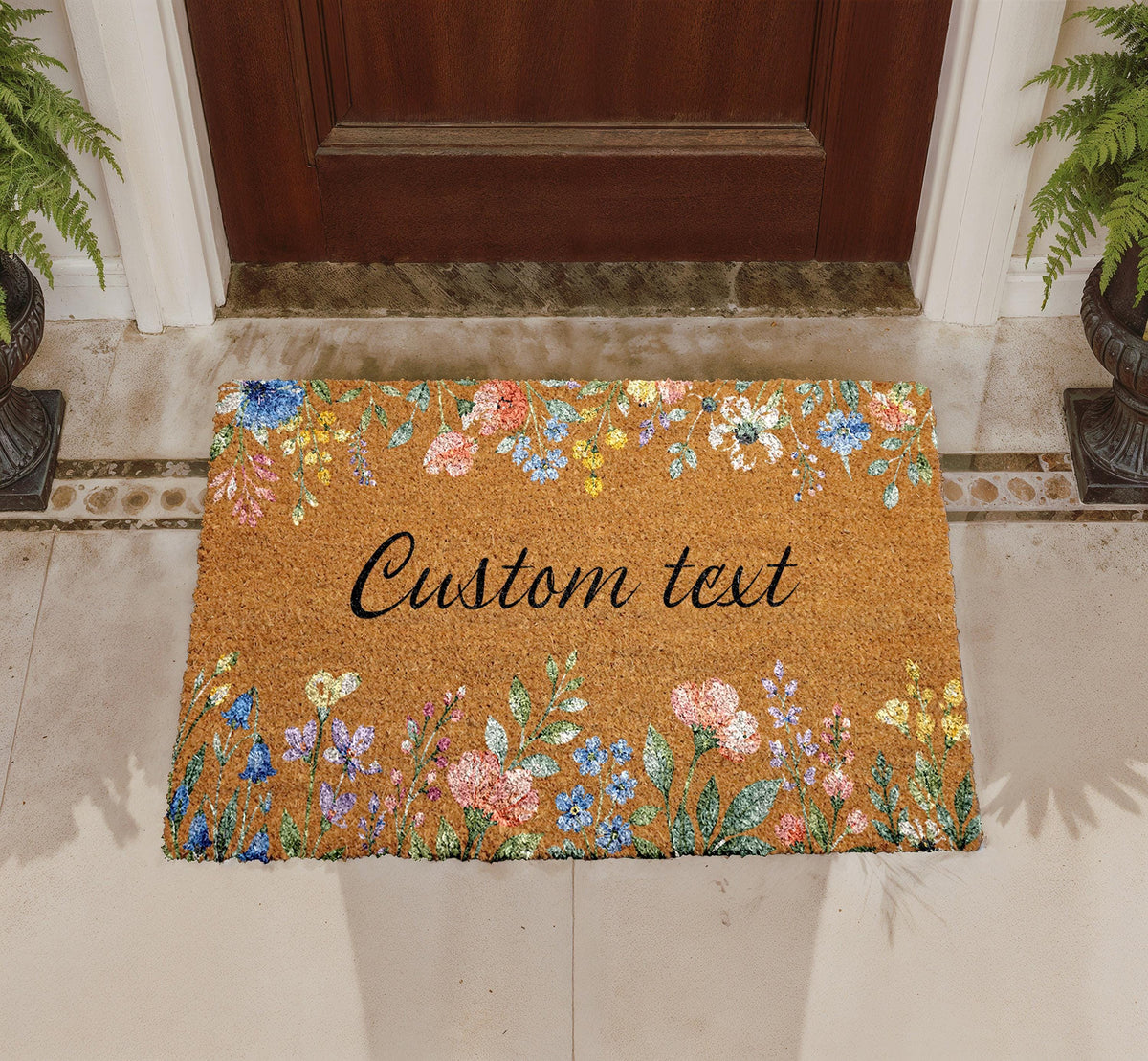 Personalized Floral Coir Doormat, Custom Boho Welcome Mat
