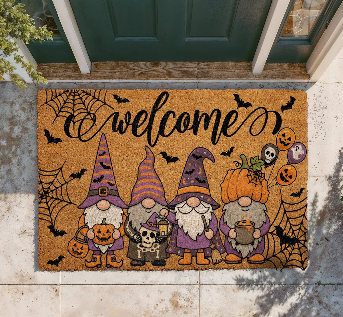 Halloween Gnome Doormat, Pumpkin Bats Spiderwebs Welcome Mat, Spooky Porch Decor