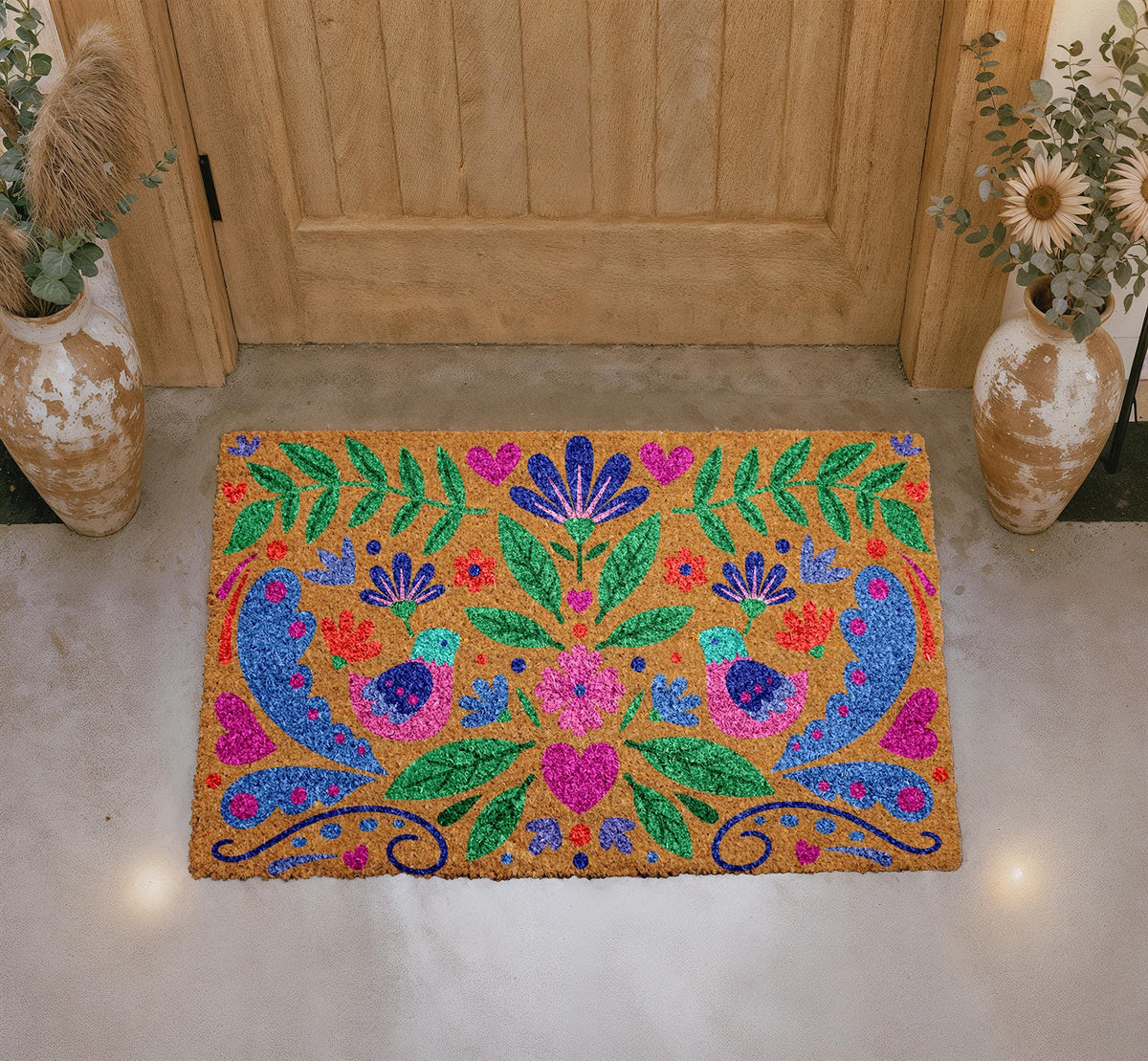 Personalized Coir Doormat, Vibrant Floral Bird Design, Bohemian Welcome Mat