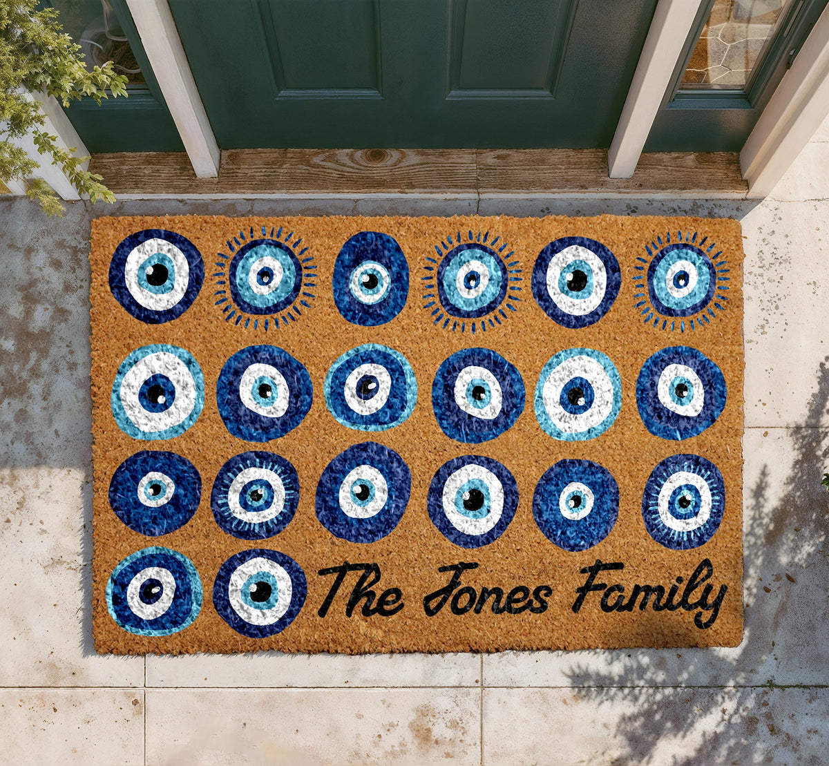 Personalized Evil Eye Doormat, Custom Family Name Welcome Mat, Natural Coir Home Entrance Protection