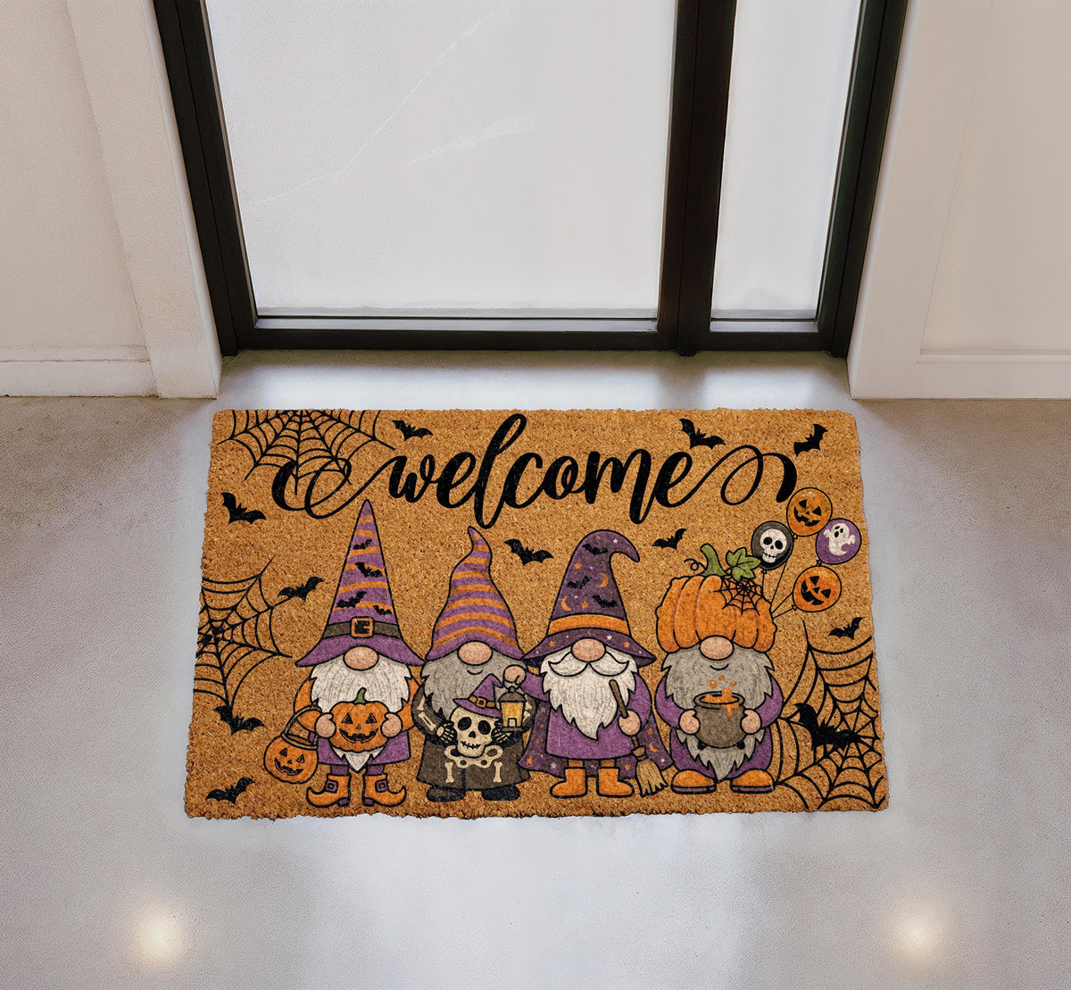 Halloween Gnome Doormat, Pumpkin Bats Spiderwebs Welcome Mat, Spooky Porch Decor