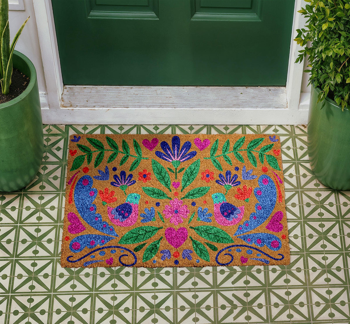 Personalized Coir Doormat, Vibrant Floral Bird Design, Bohemian Welcome Mat