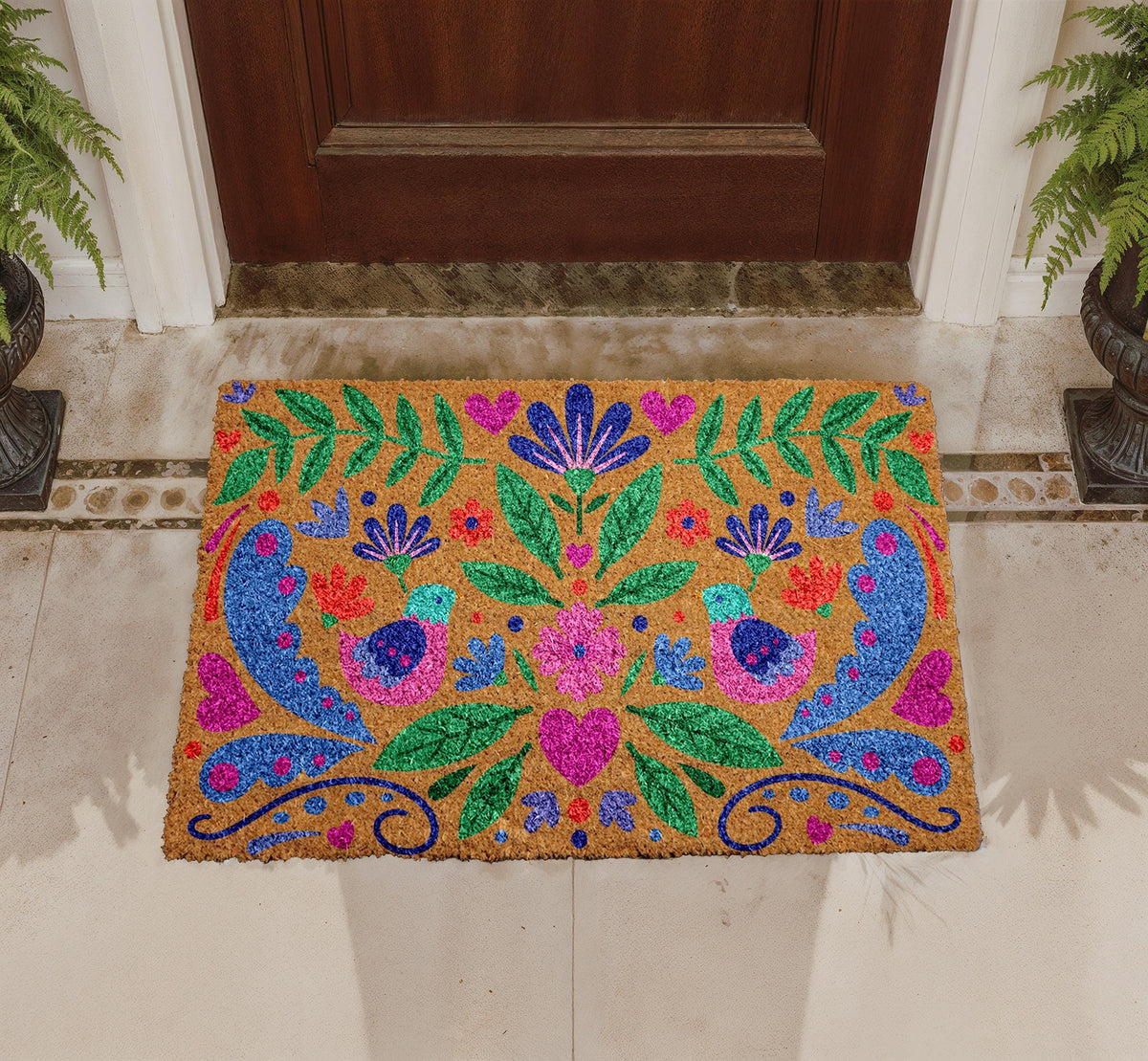 Personalized Coir Doormat, Vibrant Floral Bird Design, Bohemian Welcome Mat