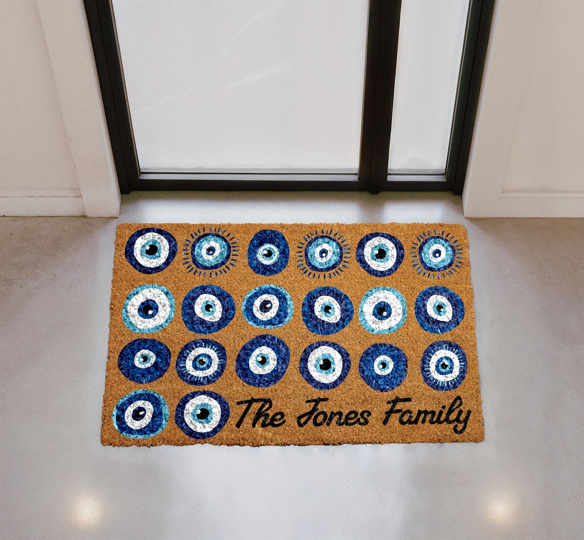 Personalized Evil Eye Doormat, Custom Family Name Welcome Mat, Natural Coir Home Entrance Protection