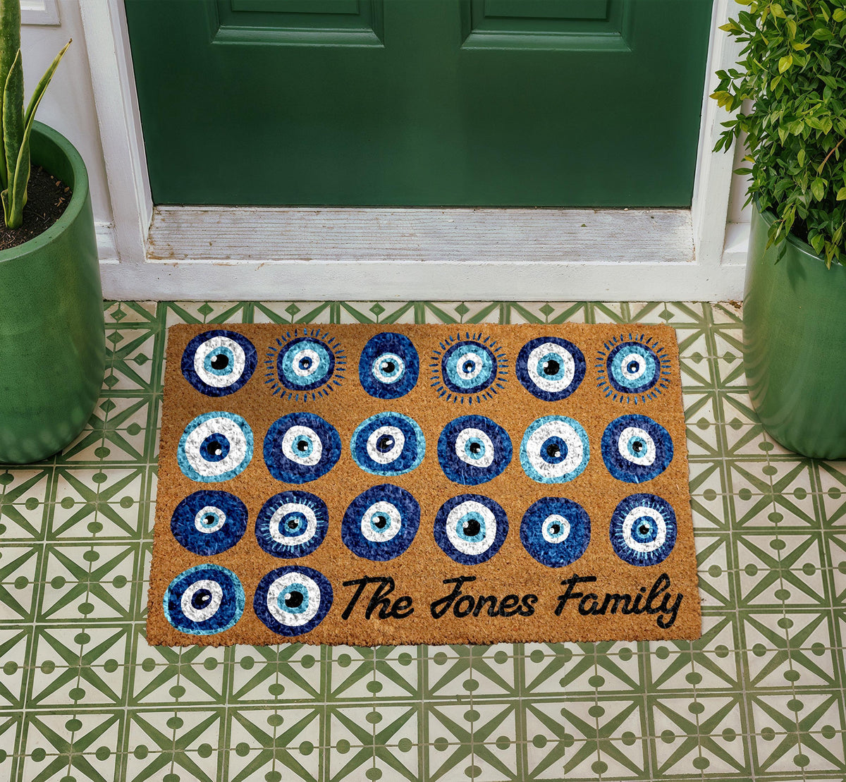 Personalized Evil Eye Doormat, Custom Family Name Welcome Mat, Natural Coir Home Entrance Protection