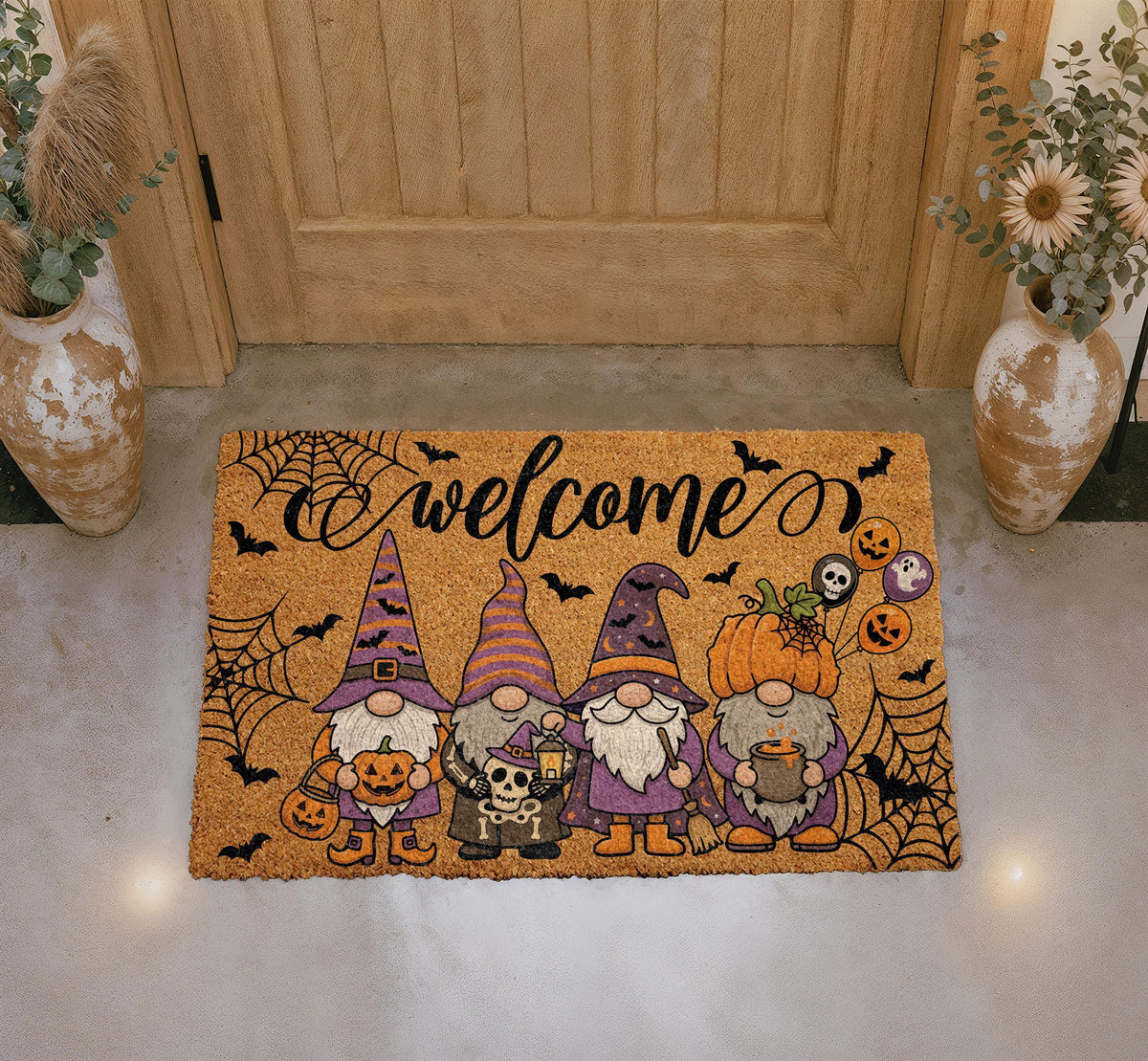 Halloween Gnome Doormat, Pumpkin Bats Spiderwebs Welcome Mat, Spooky Porch Decor