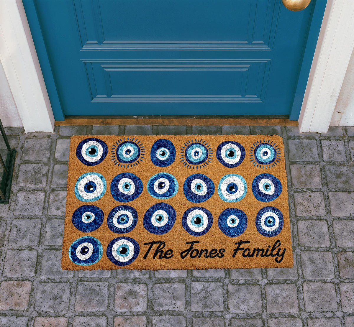 Personalized Evil Eye Doormat, Custom Family Name Welcome Mat, Natural Coir Home Entrance Protection