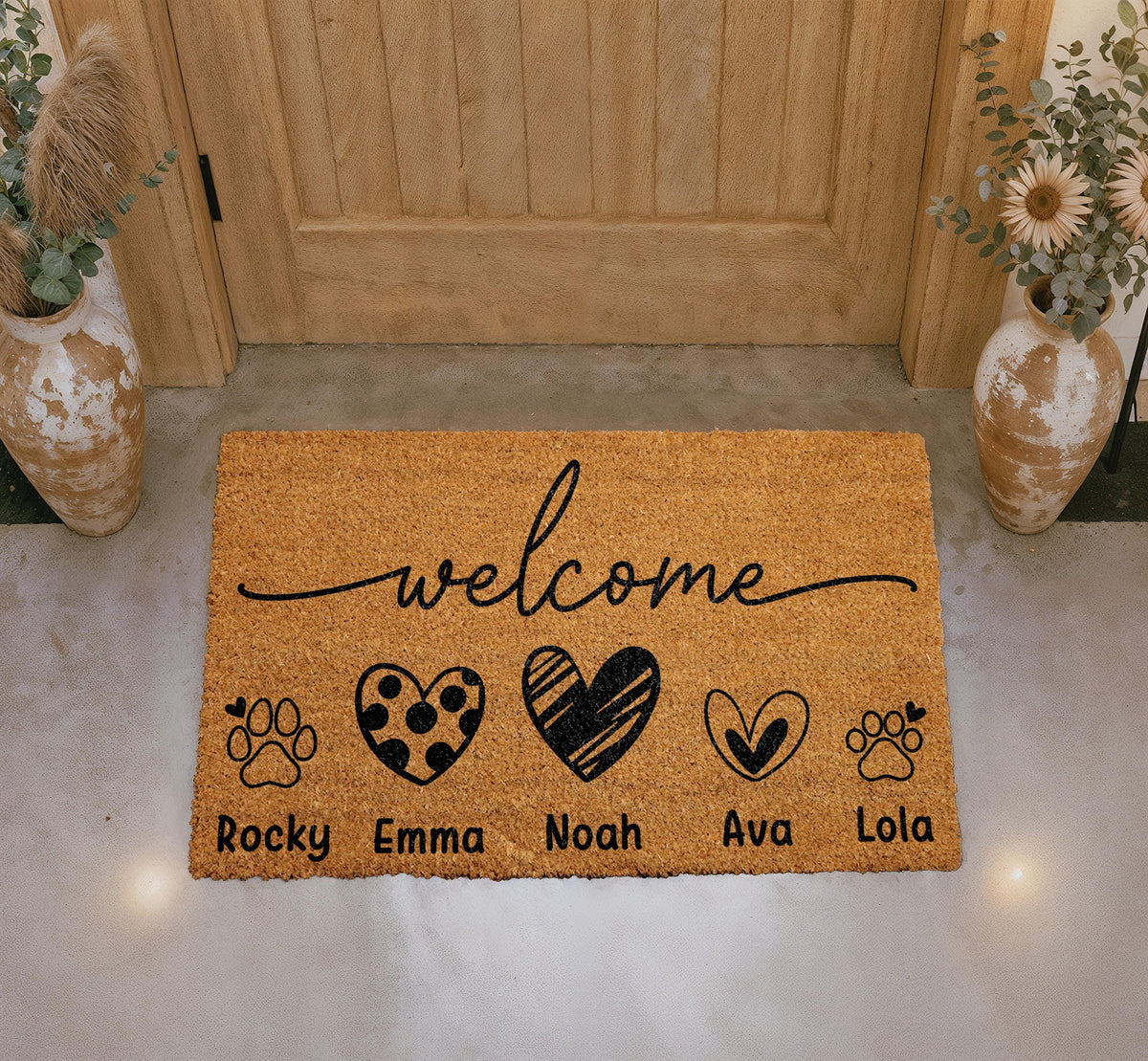 Custom Family Pet Doormat, Hearts and Paw Prints, Personalized Welcome Mat (Coir)