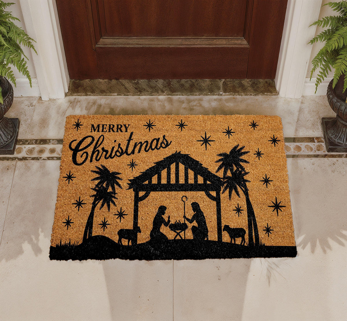 Merry Christmas Nativity Scene Doormat, Religious Holiday Coir Mat