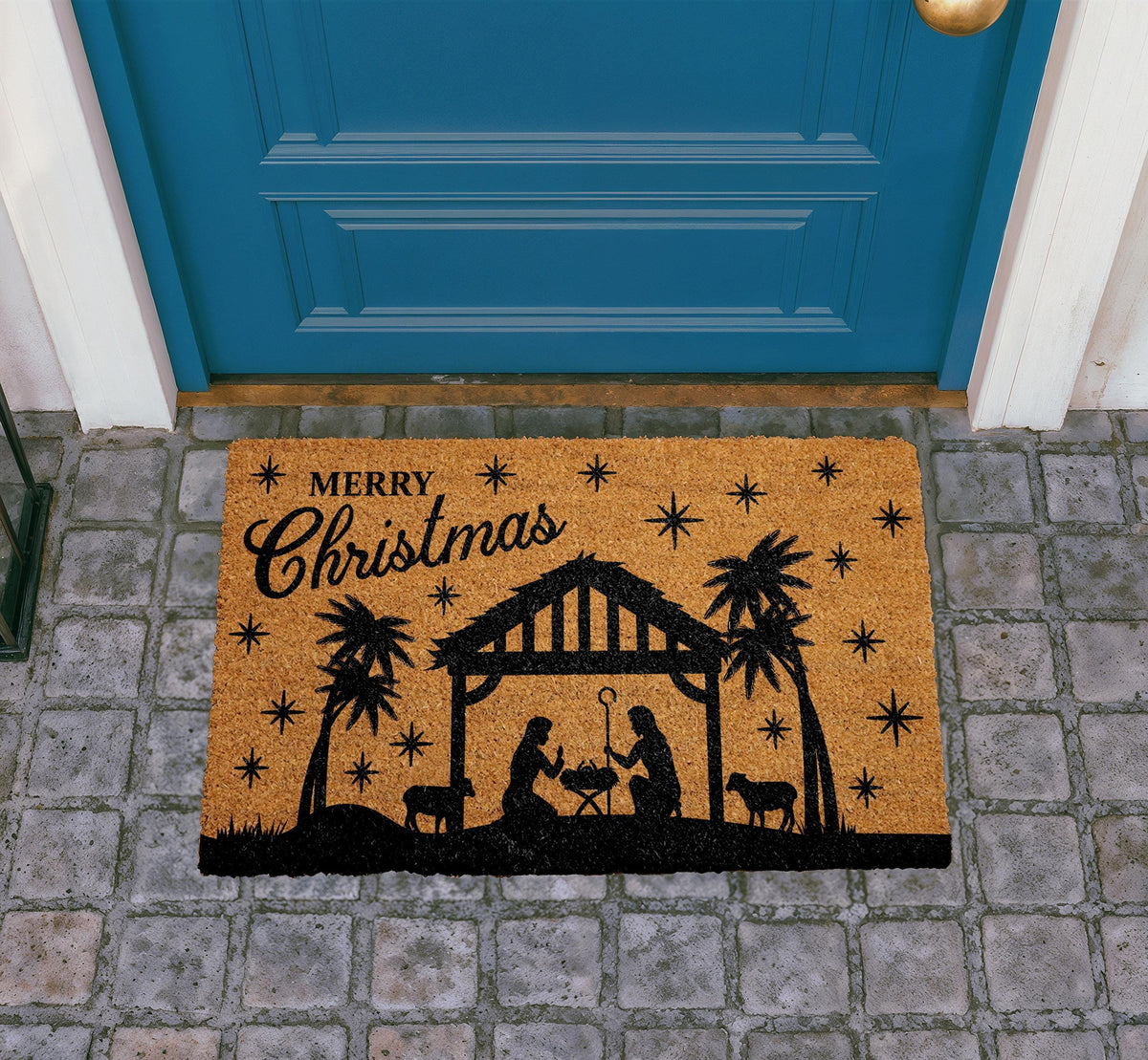 Merry Christmas Nativity Scene Doormat, Religious Holiday Coir Mat