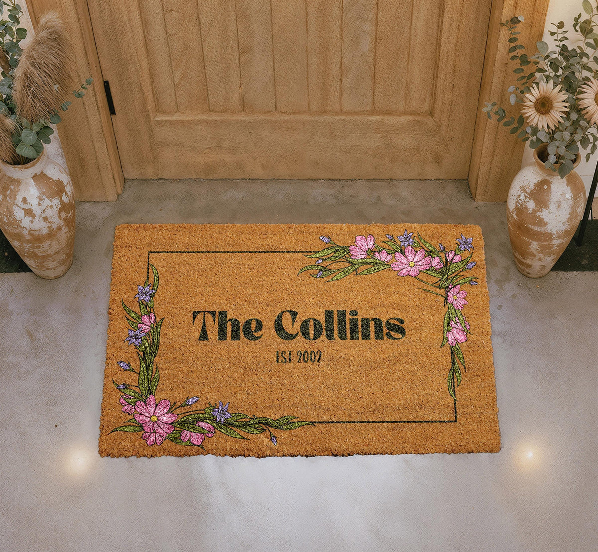 Personalized Floral Doormat, Custom Family Name Welcome Mat, Natural Coir Home Decor
