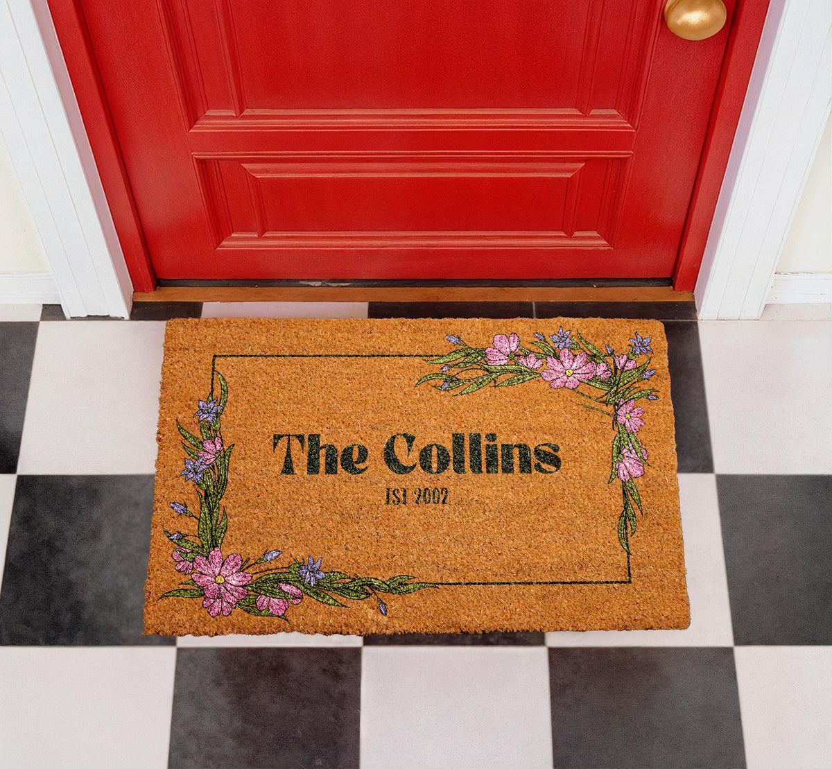 Personalized Floral Doormat, Custom Family Name Welcome Mat, Natural Coir Home Decor