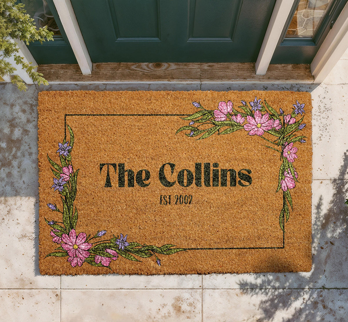 Personalized Floral Doormat, Custom Family Name Welcome Mat, Natural Coir Home Decor