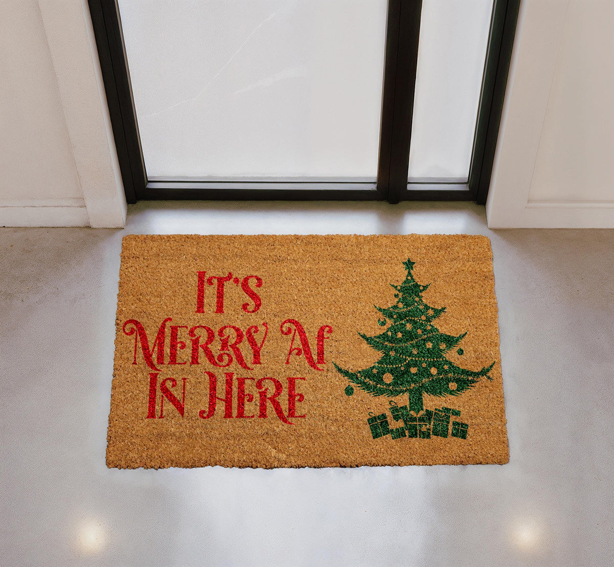Merry AF Christmas Doormat, Funny Xmas Tree Welcome Mat, Natural Coir Home Decor