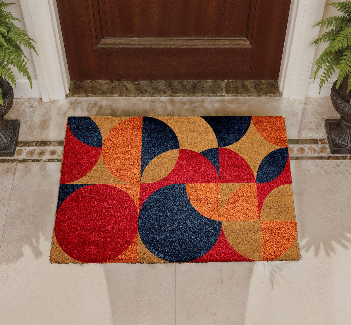 Mid-Century Modern Outdoor Doormat, Multicolor Geometric Welcome Mat, Abstract Circles Rug