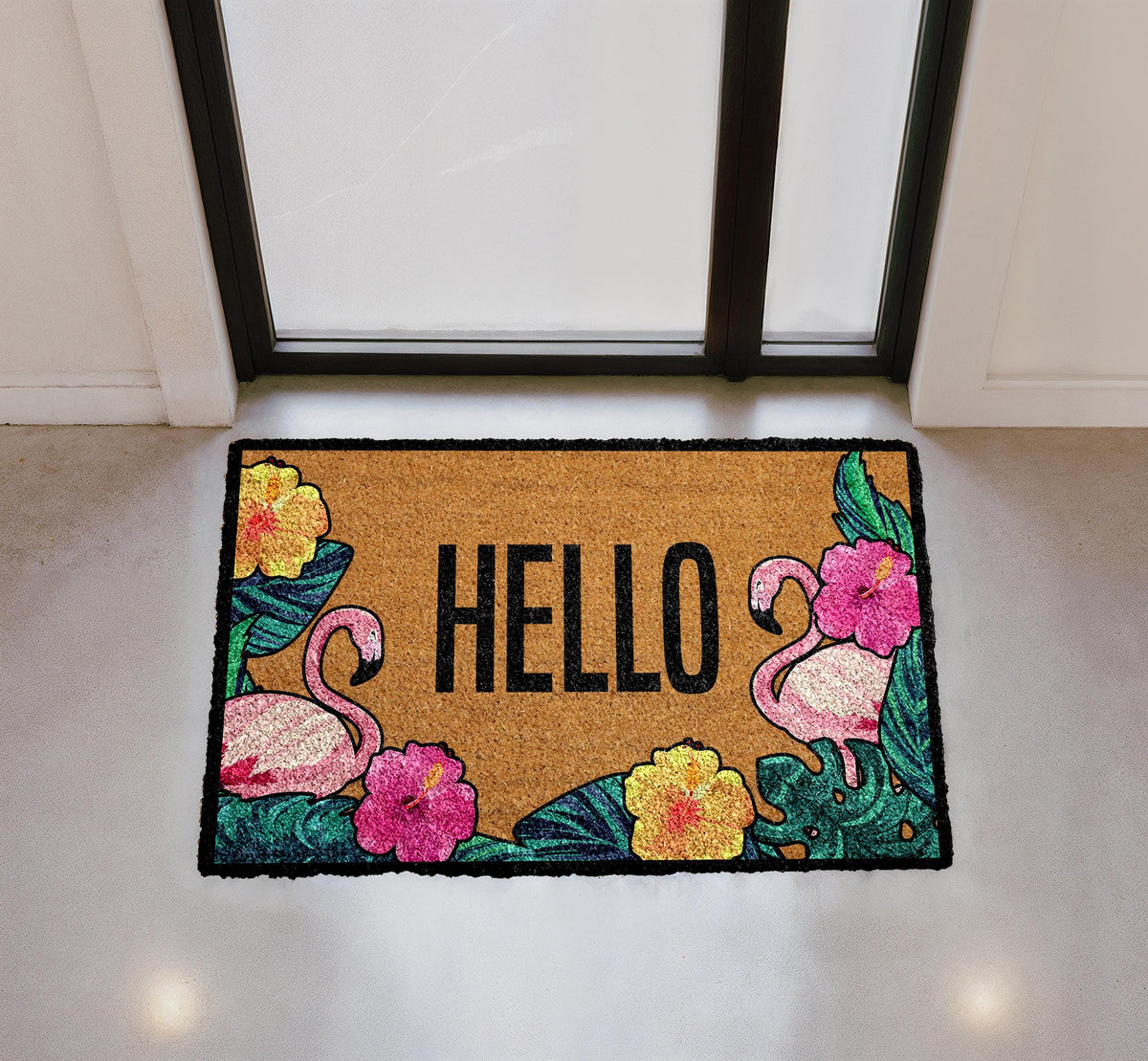 Hello Flamingo Doormat, Colorful Floral Entryway Rug, Natural Coir Mat