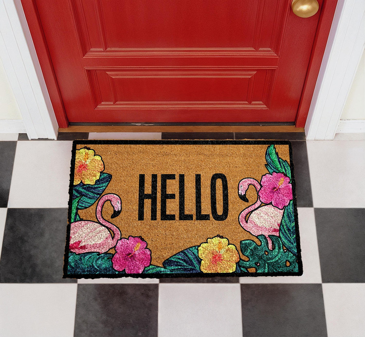 Hello Flamingo Doormat, Colorful Floral Entryway Rug, Natural Coir Mat