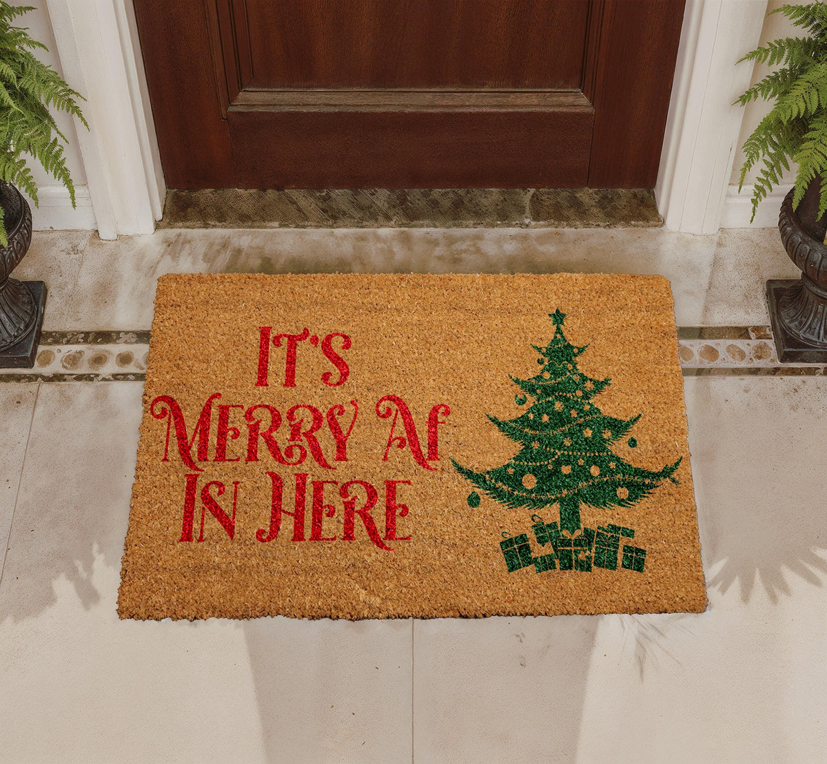 Merry AF Christmas Doormat, Funny Xmas Tree Welcome Mat, Natural Coir Home Decor