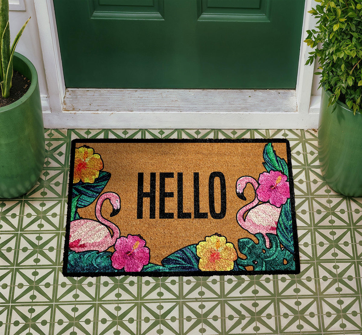 Hello Flamingo Doormat, Colorful Floral Entryway Rug, Natural Coir Mat
