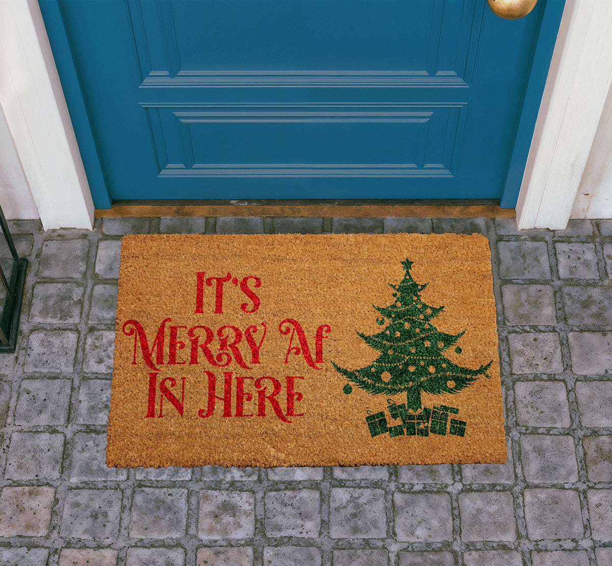 Merry AF Christmas Doormat, Funny Xmas Tree Welcome Mat, Natural Coir Home Decor