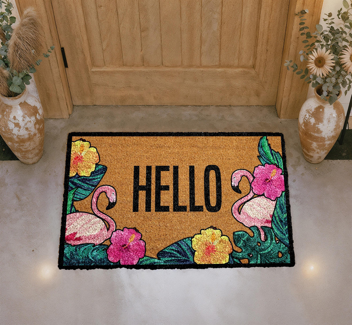 Hello Flamingo Doormat, Colorful Floral Entryway Rug, Natural Coir Mat