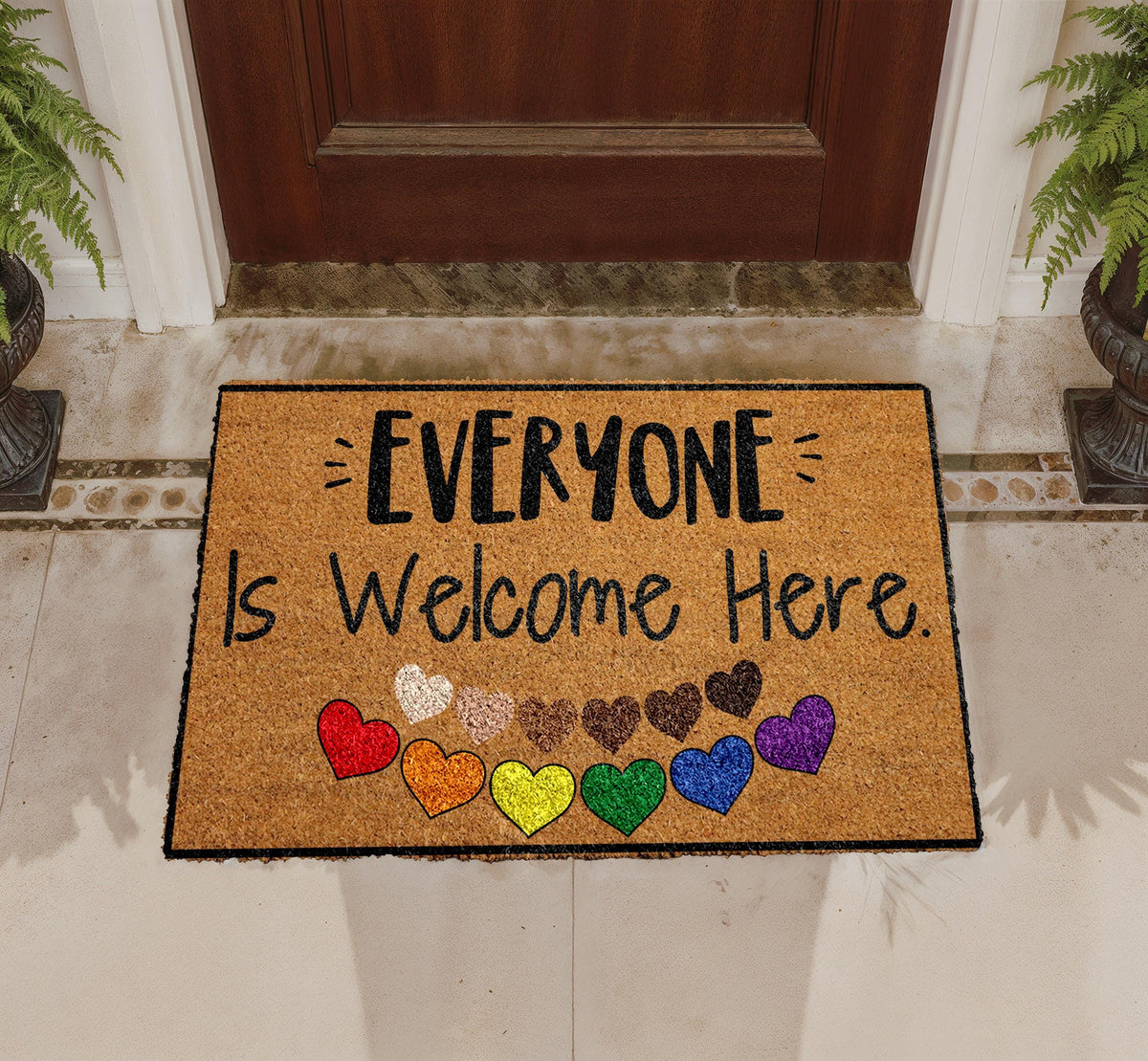 Natural Coir Doormat, "Everyone Is Welcome Here" Pride Hearts, Inclusive Entryway Decor