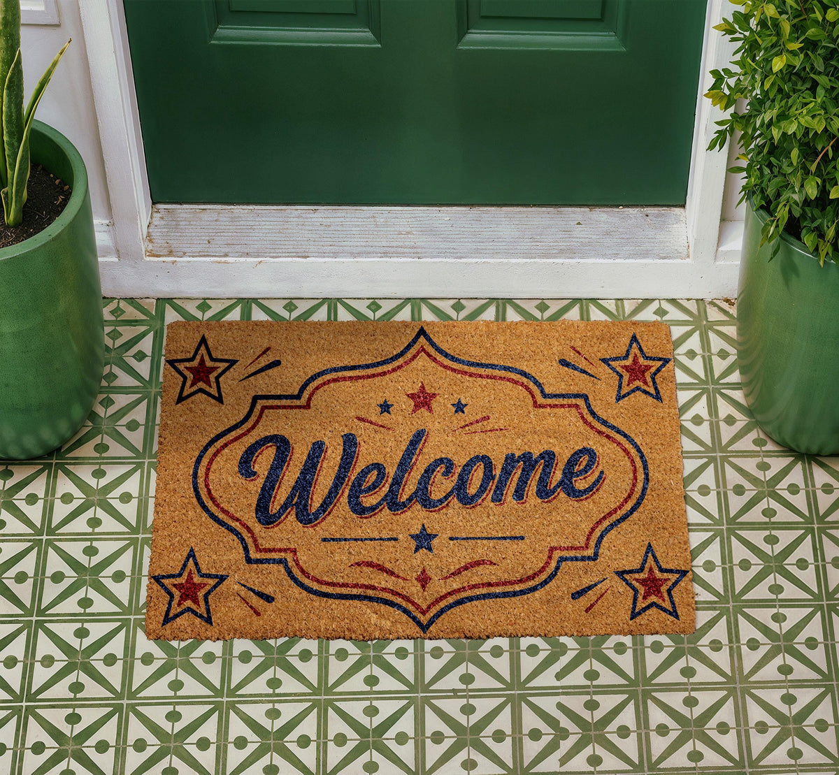 Personalized Welcome Doormat, Natural Coir, Americana Porch Decor, Patriotic Home Rug