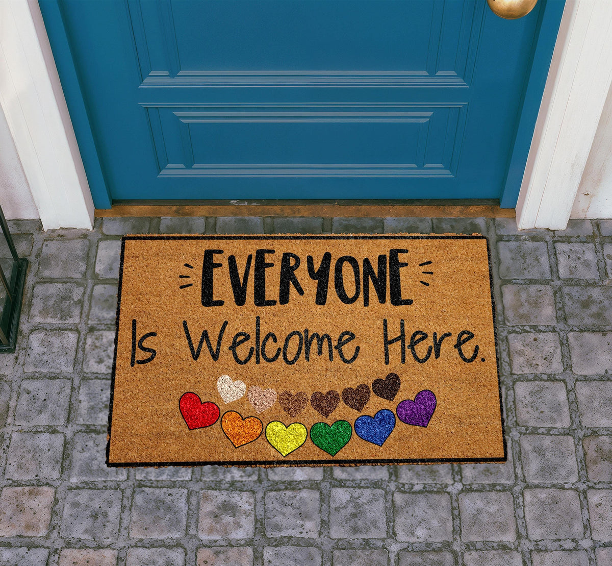 Natural Coir Doormat, "Everyone Is Welcome Here" Pride Hearts, Inclusive Entryway Decor