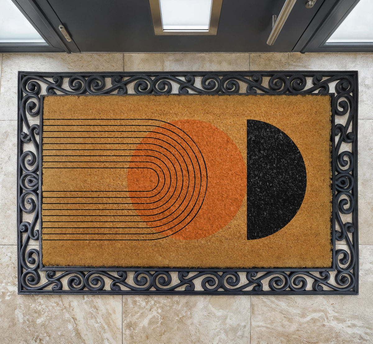 Mid Century Modern Doormat, Abstract Geometric Welcome Mat, Boho Sunburst Front Porch Decor