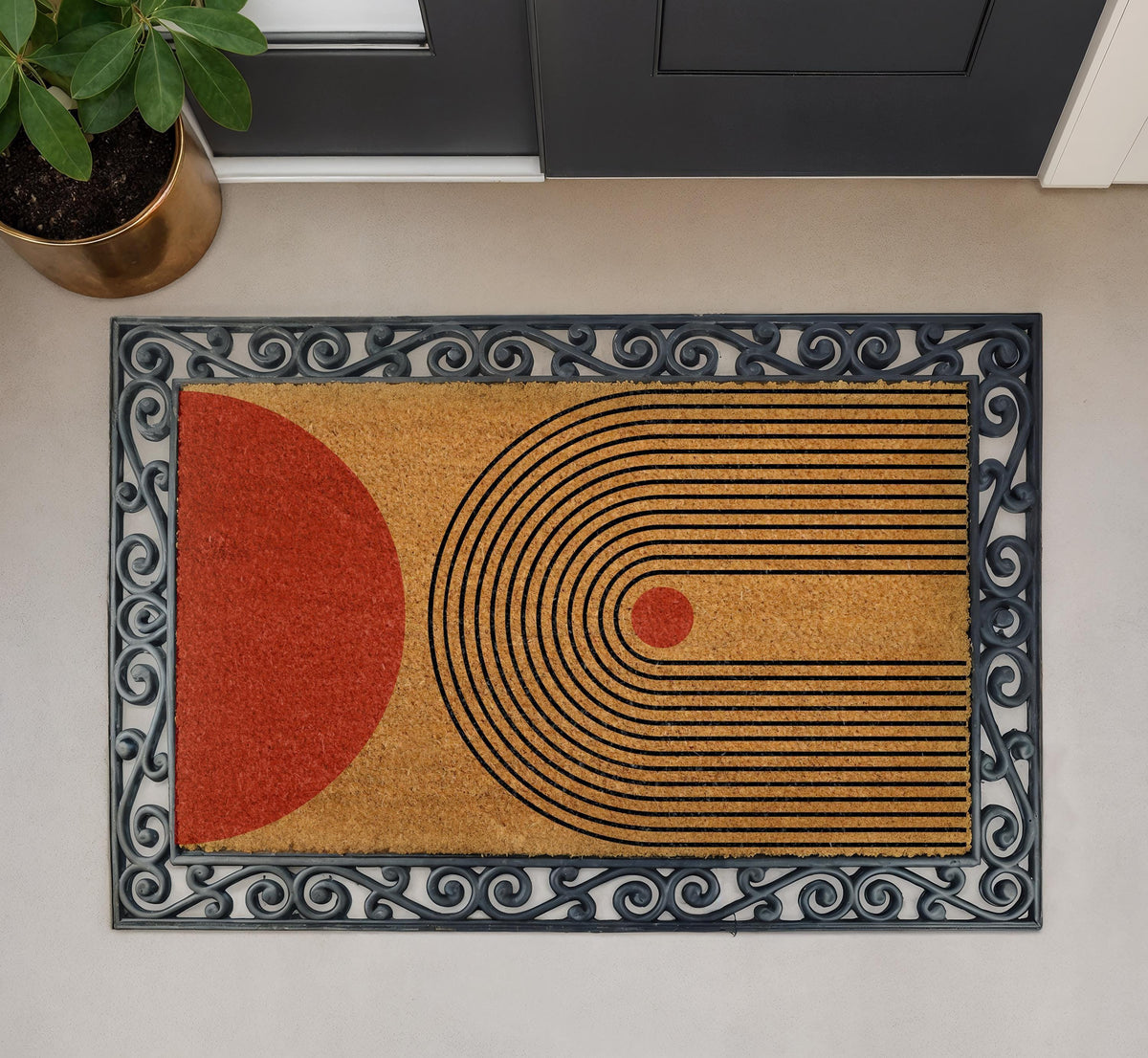 Mid Century Modern Doormat, Abstract Geometric Welcome Mat, Boho Sunburst Front Porch Decor