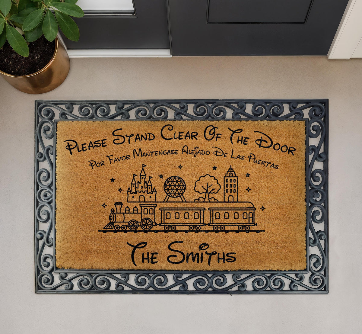 Custom Family Name Monorail Doormat, Theme Park Entrance, Please Stand Clear Quote Welcome Mat