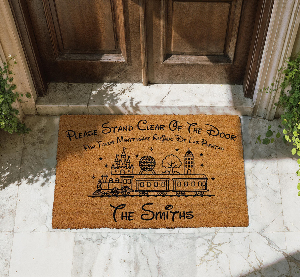 Custom Family Name Monorail Doormat, Theme Park Entrance, Please Stand Clear Quote Welcome Mat