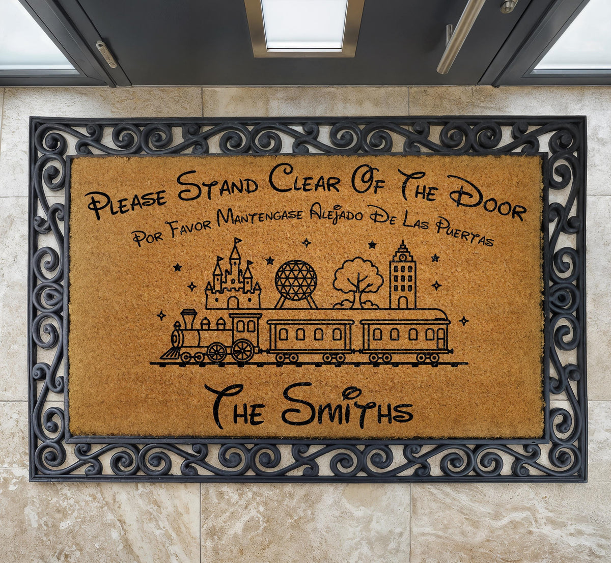 Custom Family Name Monorail Doormat, Theme Park Entrance, Please Stand Clear Quote Welcome Mat