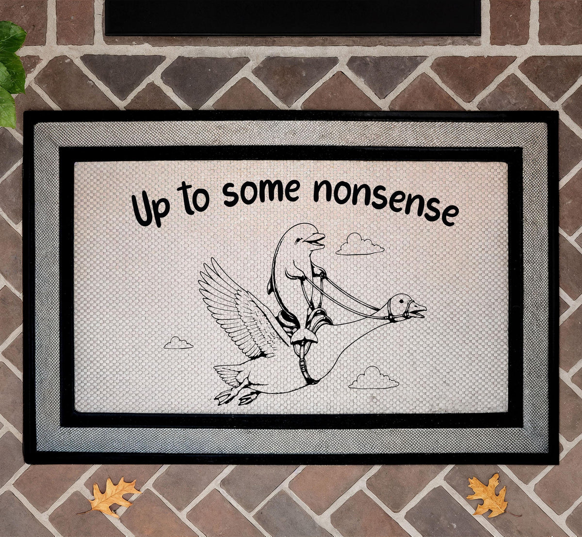 Funny Goose Dolphin Riding Doormat, Absurd Humor Porch Decor Mat